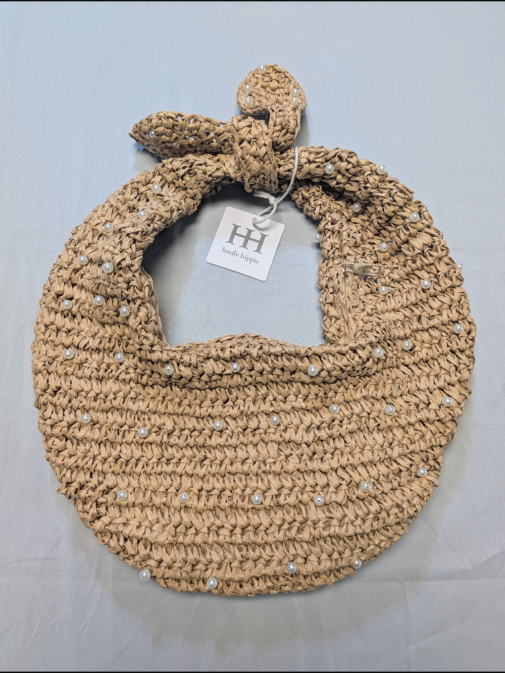 NWT Haute Hippie Hand Bag Natural Beige Straw Crescent Boho Faux Pearls Beach